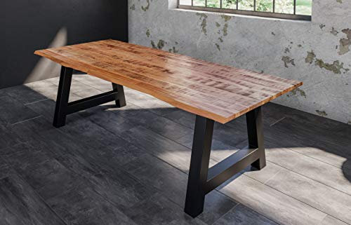 SAM Esstisch Dora 220 x 100 cm, Mangoholz massiv, lackiert & naturfarben, Baumkantentisch mit A-Metallgestell in Mattschwarz, echte Baumkante, 26 mm
