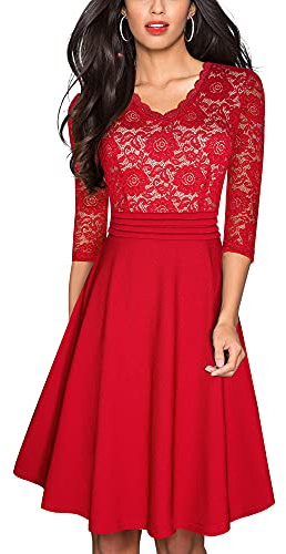 HOMEYEE Dam vintage 3/4 ärm blommig spets broderad cocktail utsvängd klänning A062, röd, L