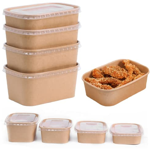 Contenitori per alimenti rettangolari in carta kraft da 1000 ml, riciclabili, contenitori per alimenti con coperchi da asporto per pasto da asporto, adatti al congelatore (50)