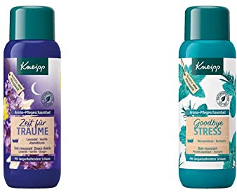 Kneipp Aroma-Pflegeschaumbad Zeit für Träume Lavendel Vanille und Abendblume, 1er Pack (1 x 400 ml) & Aroma-Pflegeschaumbad Goodbye Stress - mit ätherischen Ölen aus Rosmarin & Wasserminze- 400ml