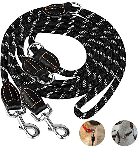 Hundeleine, Verstellbare mit Premium-Verstärkung für Ggroße und Mittelgroße Hunde, Doppelleine mit 2 Karabinern, 3m1 (Schwarz mit reflektierenden Streifen)