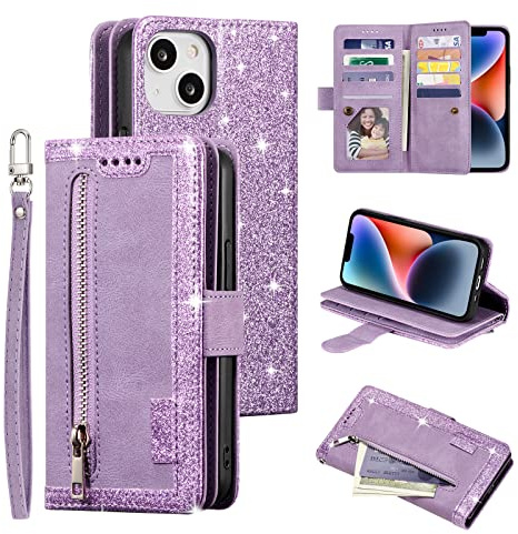 EYZUTAK Wallet Phone Case for iPhone 14, Retro Matte 9 Card Holder Slots Zipper Pocket Case PU Leather Magnetic Closure Kickstand with Wrist Strap Folio Flip Case - Purple