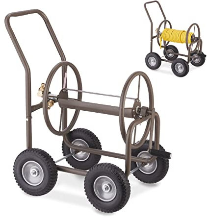 Relaxdays Carrello Avvolgitubo da Giardino, 4 Ruote in Gomma Piena, per Tubi da 60m, Raccordi a Scatto, Acciaio, Marrone