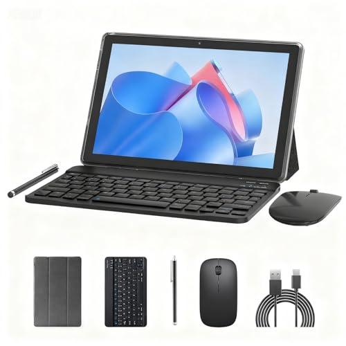 Tablette 10 Android 14 tablettes 2 en 1 avec étui clavier, souris, stylet, tablette Android 8 Go + 64 Go, prend en charge l'extension de 1 To, écran IPS HD de 10,1, 2 MP + 8 MP, double caméra, WiFi