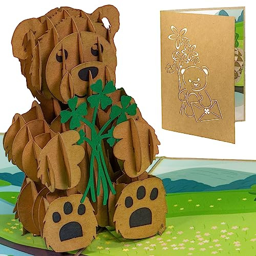 LINPOPUP® Pop-Up Karte Bär - Kleeblätter - Blumenwiese - Fluss, 3D-Karte zum Geburtstag - zur Einschulung, Glückwunschkarte, viel Glück, Pop-Up Karte Natur, Bär am Fluss, N78