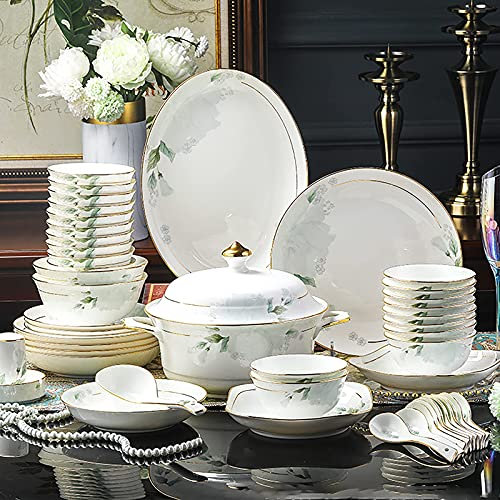 Juego de Vajilla de 68 Piezas para 10, Juego Combinado de Cocina de Porcelana Blanca de Porcelana con Cuencos de Cereales, Platos de Postre, Platos Soperos, Platos Llanos con Borde Dorado