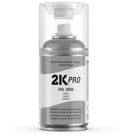 2K PRO 2K Spraydose 250ml - 2 Komponenten Sprühlack, Schnelltrocknender Spritzlack, UV-Beständig, Stoss- und Kratzfest | RAL9006 - Silber Glanz