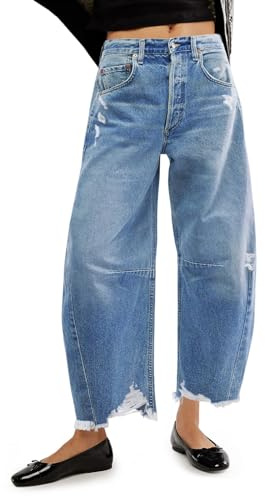Cicy Bell Womens Baggy Barrel Jeans Cropped Boyfriend Wide Leg Raw Hem Denim Pants