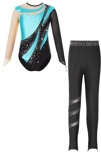 Alvivi Mädchen Turnanzug Glitzer Gymnastikanzug mit Leggings Hose Langarm Ballettanzug Gymnastik Leotard Trikotanzug Akrobatik Wettbewerb Tanzkostüm Türkis&Schwarz 146-152