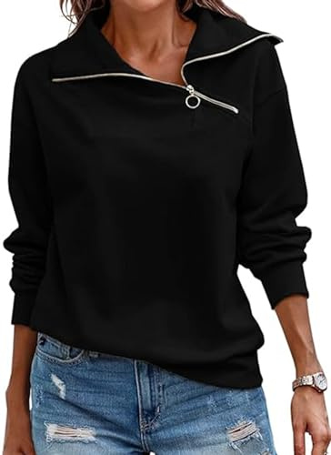 KEBORUILA Pullover Damen Stehkragen Langarm und 1/4 Ausschnitt mit Reißverschluss Frühling Herbst Sweatshirt Oberteile Top Schwarz M