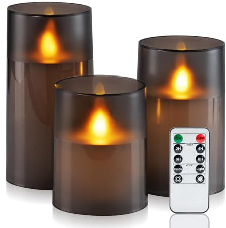 Homemory Wasserdicht Outdoor Flackernde Flammenlose Kerzen mit Realistischer Tanzender Flamme, LED-Kerzen, Batteriebetriebene Kerzen mit Fernbedienung und Zeitschaltuhr, Graues Acryl, 3er-Set