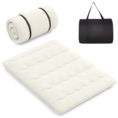 LIFEZEAL Futón Japonés 90/140 x 200 cm, Colchón Cama Individual/Doble, Futón Tatami Plegable y Portátil con Bolsa de Transporte, Desenfundable y Lavable a Máquina (Beige, 140 x 200 cm)