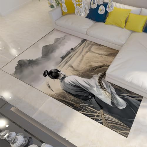 LANDERSION Chinesischer Stil Tinte Malerei Serie Teppich für Wohnzimmer Dichter Muster Rutschfester Teppich niedrigfloriger ultradünner waschbarer Bereich Teppiche Eingangsdekor 120x170cm