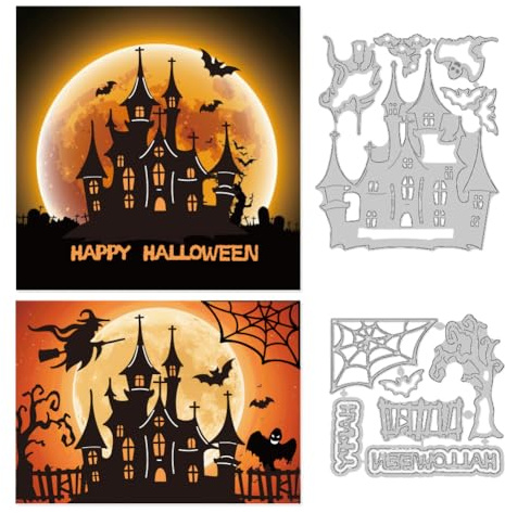 DELORIGIN Stanzformen Die Hexe und das Schloss Zur Kartengestaltung Stanzformen Im Halloween Stil Karbonstahl Stanzschablonen Neuheiten 2025 Für Halloween Basteln Geburtstagsgeschenke Fotoalbum