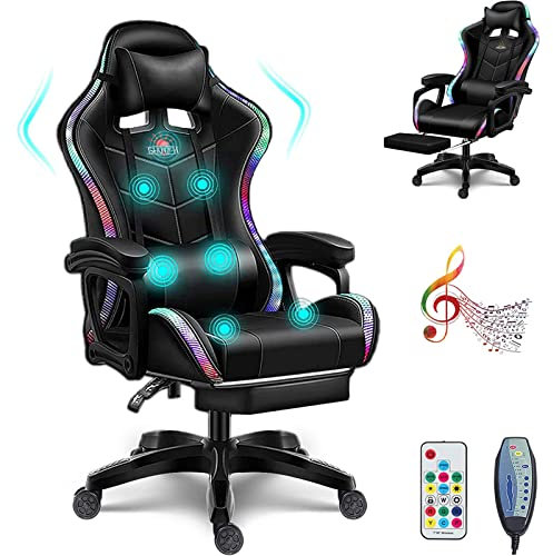 Spelstol med Bluetooth-högtalare LED-lampa massage ergonomisk design fotstöd nackstöd korsryggskudde svart