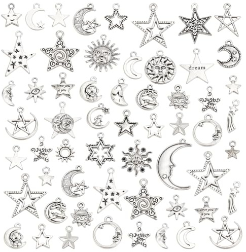 HOBBIESAY Ca.80 Stück Tibetischer Stil Legierung Sonne Mond Stern Antiksilber Gemischte Stile Anhänger Himmlische Charms Lächeln Anhänger Für Schmuckherstellung Halskette Armband Ohrringe DIY Handwerk
