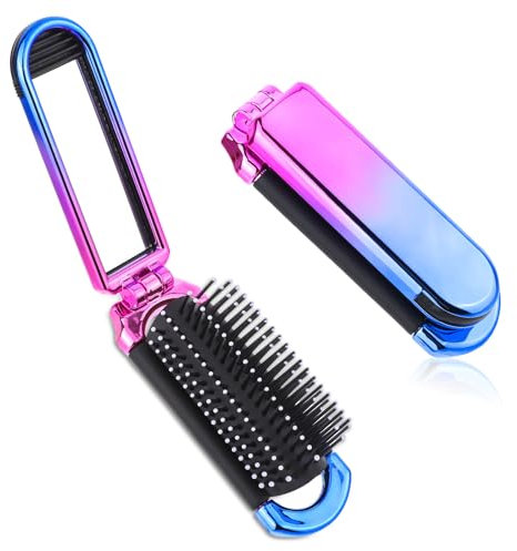Mini Travel Hair Brush, Small Foldable Hairbrush Compact Hair Brush with Mirror and Round Tip Nylon Bristles for Women and Men, Portable Pocket Size Comb for Car Gym Bag Purse Locker (Gradient Color)