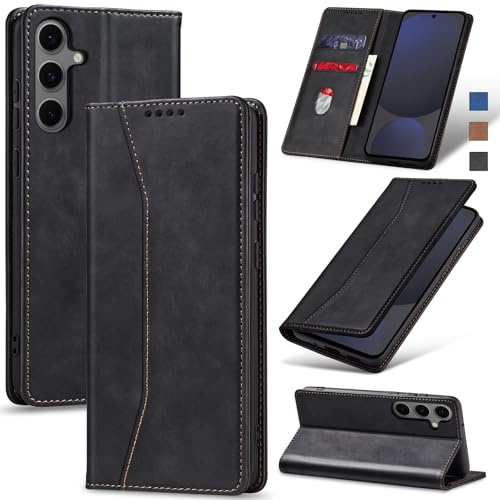 Jasonyu Skal för Samsung Galaxy S24 FE Läder Vikbart Skyddande Fodral Hölster Magnetisk kortfack stativfunktion Wallet Leather Case Cover (Svart)