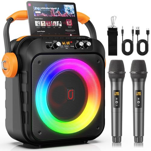 HWWR Máquina de karaoke con 2 micrófonos inalámbricos para adultos y niños, altavoz Bluetooth portátil con micrófonos, sistema PA, efecto eco, graves profundos, luces de discoteca para reuniones de