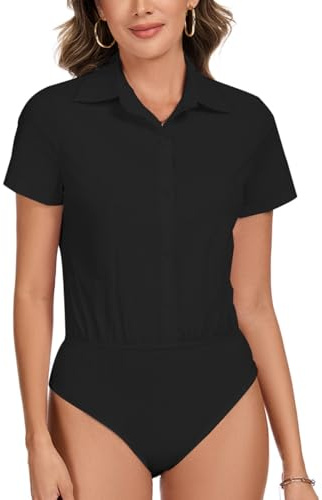 YOUNIFIZ Women's Bodysuit Blouse Collared 2025 Business Work Shirts Short Sleeve Button Up Bodysuit Tops Black