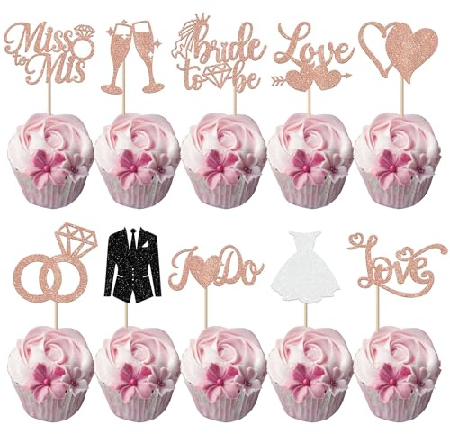 SYKYCTCY 30 Pack Bride to Be Cupcake Toppers Rose Gold Glitter I Do Love Heart Ring Miss To Mrs Cupcake Picks Bridal Shower Cake Decorations for Wedding Engagement Bachelorette Party Supplies