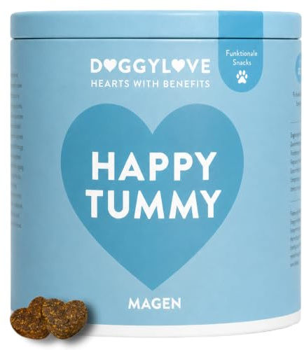 DoggyLove Happy Tummy Vegane Hundeleckerli bei Sodbrennen, 140 Leckerlie | Leckere Gras und Kotfresser Drops zur Unterstützung von Magen & Magenschleimhaut, Mit Ulmenrinde, Fenchel, Kamille Bierhefe