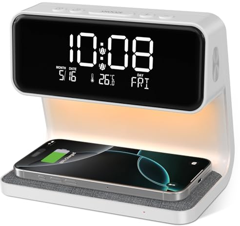 SOLVIEW Sveglia Digitale, Sveglia da Comodino con Ricarica Wireless 15W, Display LED Temperatura/Data/2 Allarme/Snooze Regolabile/ 12/24Ore, Sveglia Luminosa con Touch Dimmerabile per Adulti e Bambini