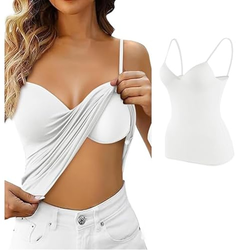 Ruayia Tops Mit Integriertem BH, Tanktop Damen Baumwolle, Unterhemd BH-Hemd, Verstellbarer Spaghettiträger Tops Baumwolle Tank Top Mit Regal BH, Weiß (L)
