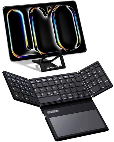 zenrich Bluetooth-Tastatur (QWERTZ) Faltbare kabellose mit Touchpad | Tastatur mit Nummernblock, Ständer, DREI Kanälen ultraflache Reisetastatur für Windows/iOS/Mac OS/Android (Schwarz)