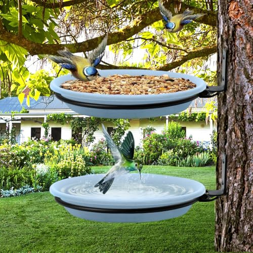 2 Stück Vogeltränke,Vogelfutterspender Und Vogeltränke,Vogelbad Garten Stehend,Vogelfutterhaus Balkongeländer Rund Mit Wandhalterung,Anlocken Wildvögeln,Wassertränke Vögel,Vogeltränkenzubehör (Blau)