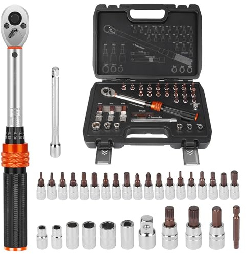Rainllon 32PCS Bike Torque Wrench Set 5-25nm Bicycle Torque Wrench 1/4 Dual Direction Adjustable ±3% Error Accuracy with Extension Bar, Socket Bits,Adapter 1/4 to 3/8 for Mountain Bicycle Repair.