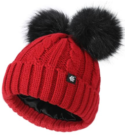 Creekstone Bommelmütze Damen Mit Satin gefütterte Wintermütze, warme Beanie Hat Strickmützen mit Kunstfell-Doppel-Pom (DE/NL/SE/PL, Alphanumerisch, Einheitsgröße, Rot)