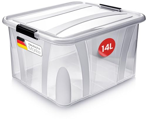 KONZEPT Aufbewahrungsbox 14 L mit Deckel, verstärkte Konstruktion | Transparente Kunststoffbox mit Verstärkungsrippen für mehr Stabilität, stapelbar, robuste Clips – ideal für Küche & Haushalt