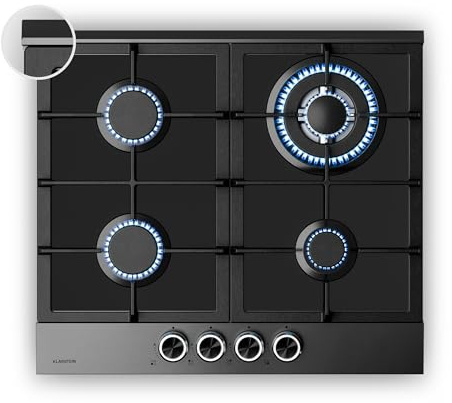 Klarstein Verosteel Plaque de Cuisson Gaz 60cm - 4 Brûleurs 8000W, Verre & Inox, Allumage Électrique, Sécurité Anti-Flamme, GPL & Gaz Naturel, Kit Inclus, Acier inoxydable noir