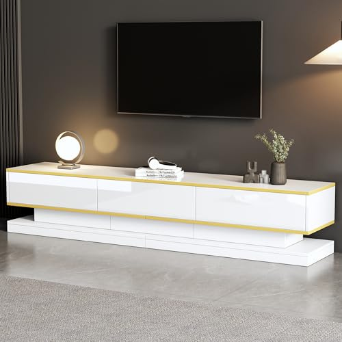 ANIROY TV-Schrank für 80-Zoll-Fernseher, Lowboard mit 3 Schubladen, Hochglanz TV-Ständer Fernsehschrank Wohnzimmerschrank Standfernsehschrank mit Stauraum & Goldener Kante, 200 x 40 x 40 cm (Weiß A)
