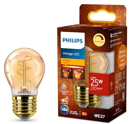 PHILIPS Vintage Amber Spiral P45 Lampe, dimmbar, flimmerfrei, EyeComfort, 270 Lumen, Flame (2200 K), 3.1 W=25 W, E27 Sockel, 1er Pack