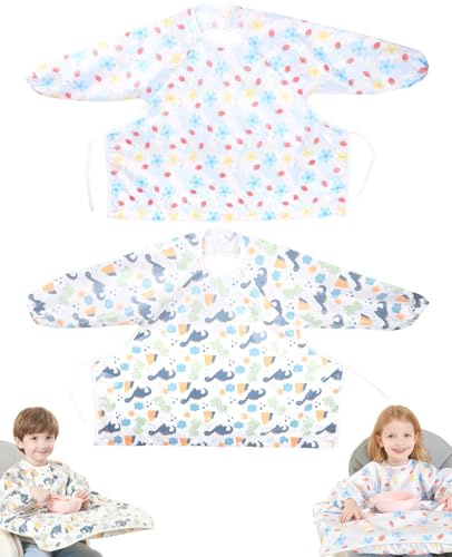 SEESUNO 2Pcs Bibs With Sleeves, Weaning Coverall Bib Use in Highchair Waterproof and Easy to Clean