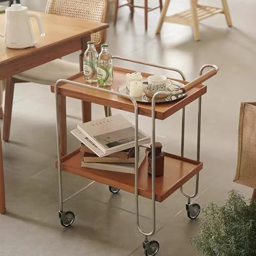 Mobiler Barwagen aus Messing, 2-stöckig, industrielle Küche, Servierwagen mit Holzregalen, Rollaufbewahrung für Esszimmer, stilvoll und funktional