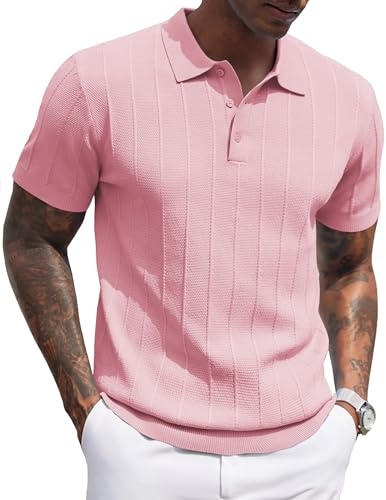 COOFANDY Chemises Polo Été pour Homme UK avec Boutons Col Polo à Manches Courtes Designer Tricotées Extensibles Décontracté Élégant T-Shirt Rose L