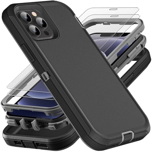 YmhxcY for iPhone 12/12 Pro Case, Military Grade 3 in 1 Heavy Duty Shockproof/Drop Proof/Dust Proof Case with 2Pcs Tempered Glass Screen Protector (Black/Grey)
