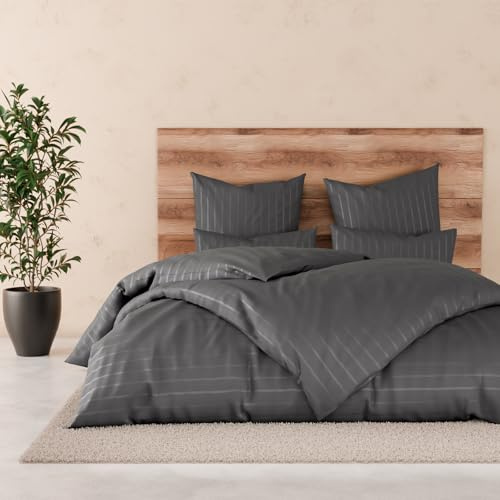 Pure Label Satin Bettwäsche 155x220 80x80 gestreift anthrazit | 100% Baumwolle & Oeko-TEX Zertifiziert - Elegante und angenehm