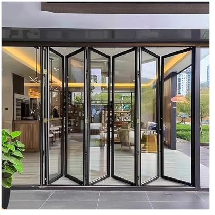 Ventana deslizante plegable de aleación de aluminio, puertas plegables retráctiles interiores con riel inferior, ventana aislada de ventilación para restaurante de comida rápida para cocina