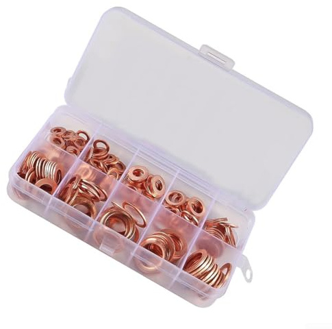 Juego de juntas de cobre con caja de almacenamiento para sumidero y electrodomésticos, arandelas planas de varios tamaños (120 piezas)