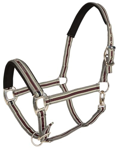 Equinate Halfter Oakley Vollblut Silber-Weinrot doppelt verstellbar mit Polsterung - Ergonomisches Stallhalfter mit weichem Nacken und Nasenbereich - Pflegeleichtes Weidehalfter