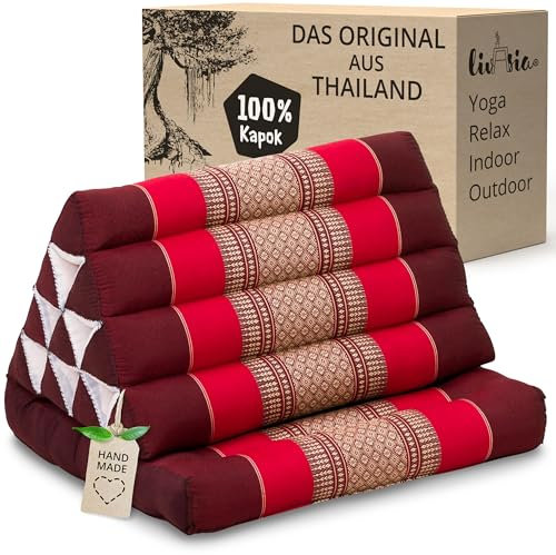 livasia Thai cushion with 1 seat rest - 30x20x3.1″ - Triangle cushion with seat cushion, Wedge cushion, kapok, Back support cushion, folding, Thai mat, folding, Hand made (Ruby)