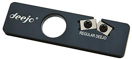 Deejo - Affûteur de Couteaux de Poche - Lames Double Face en Carbure de Tungstène, Aiguiseur en Aluminium - Conserve les Tatouages de vos Couteaux - 9 x 2,5 cm