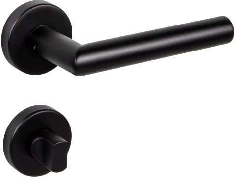 Gedotec Drückergarnitur Schwarz matt [WC-Badezimmer] 1x Tür Beschläge Rund-Rosette I Türgriffe Innentüren L-FORM I Türklinke für Türstärke 35 – 47 mm | Türbeschlag mit Befestigungsmaterial