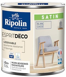 RIPOLIN - Peinture Intérieure Multi-Supports – Murs, Boiseries & Radiateurs – Ultra-Couvrante – Lessivable – Application Facile – Ecolabel - Satin - 0,5L - Blanc Casse