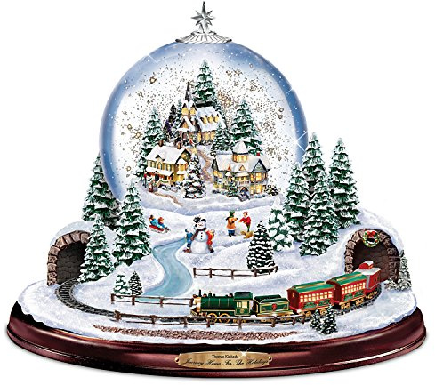 The Bradford Exchange Thomas Kinkade Journey Home for The Holidays Christmas Snow Globe Decoration with Musical Illuminated Village Miniature Moving Train Plays 8 Xmas Melodies 9.5-Inches