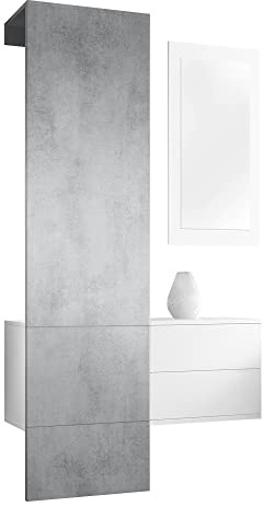 Vladon Mueble recibidor Carlton Set 2, Mueble de Entrada Compuesto por 1 Perchero, 1 Armario de cajones y 1 Espejo de Pared, Blanco Mate/hormigón Oxidado (105 x 193 x 35 cm)